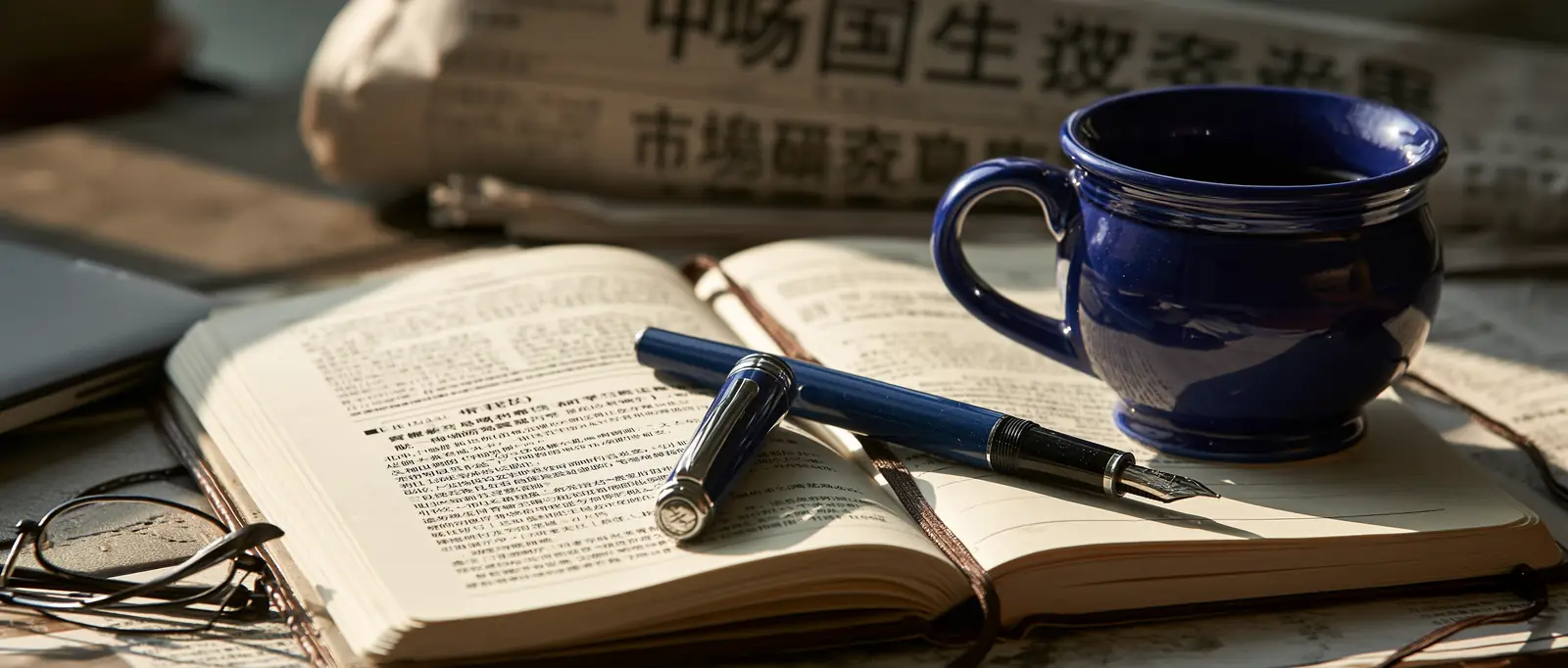 Open book, pen and cup on a desk